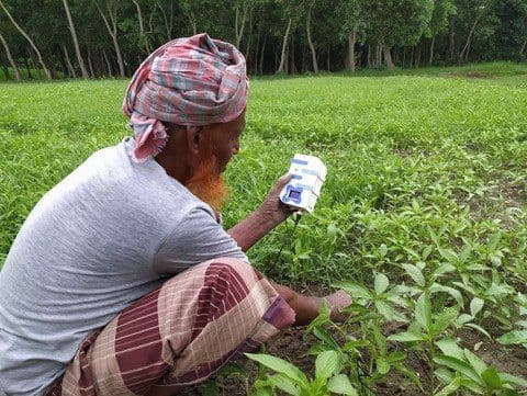 Grass root farmer using Matir Pran device to understand his chilli farm land condition.